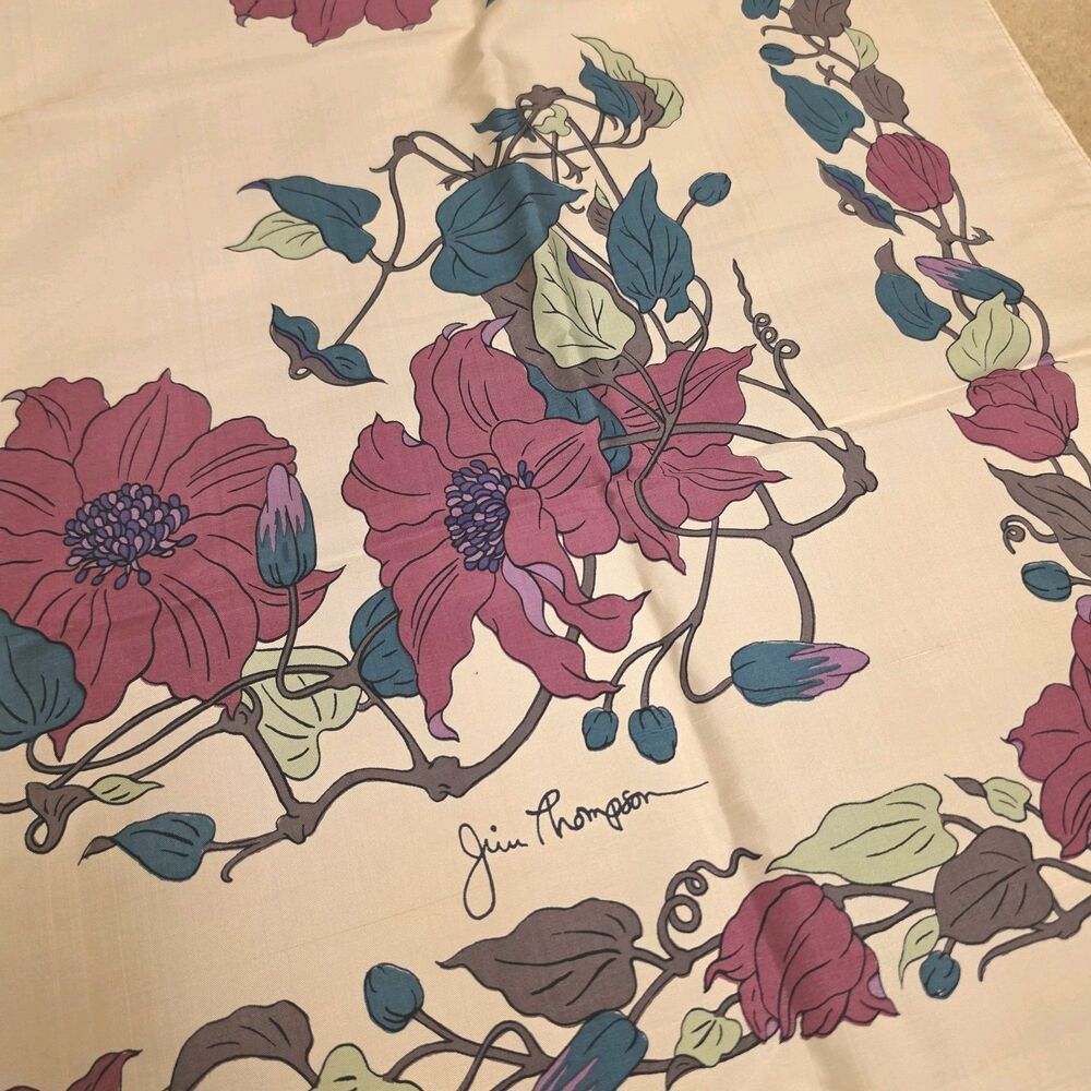 Jim Thompson Flower Thai Silk Scarf Vintage (34.5 x 34.5) Ivory Multi Color - Picture 2 of 5